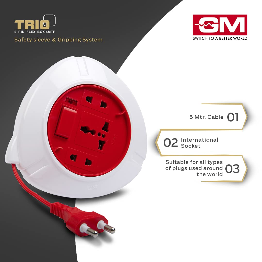 GM 3041 Trio 2 Pin Flex Box 5 Mtr. with Indicator & International Socket