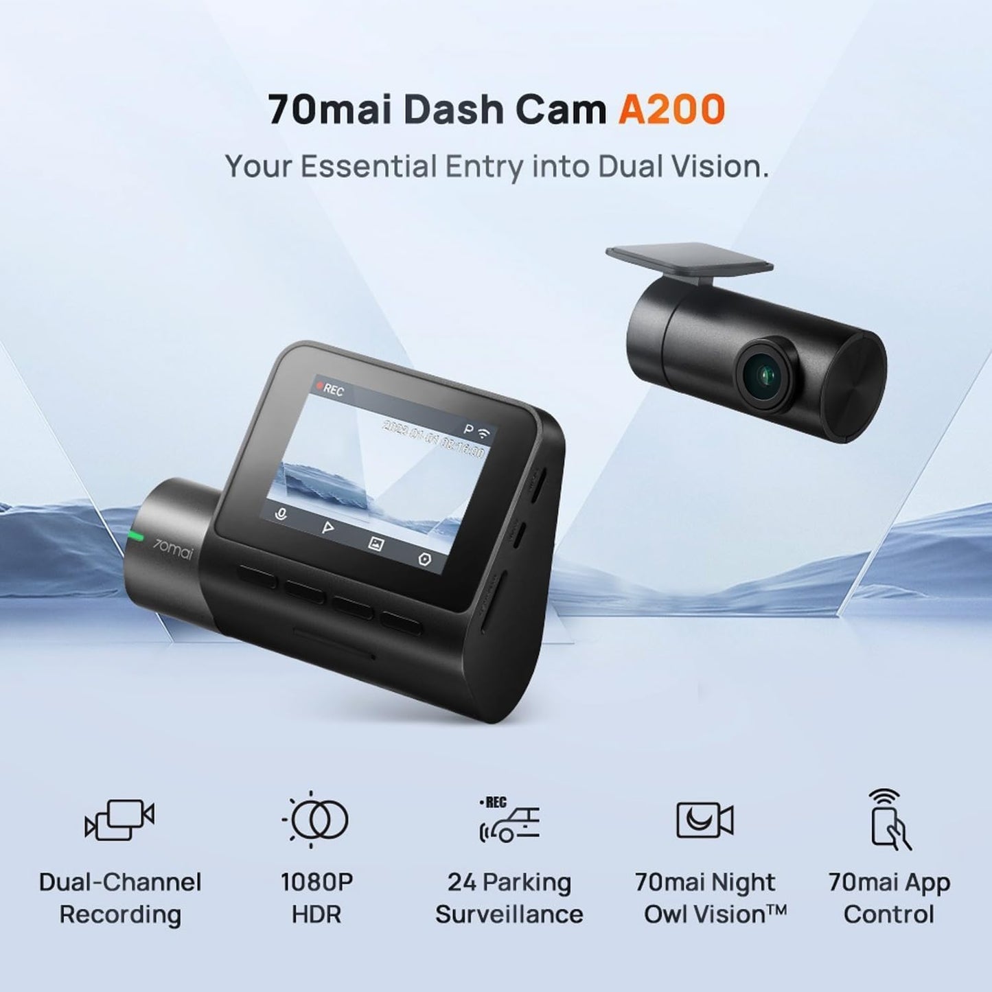 70mai A200 HDR Dual Dash Camera, 1080P Real HDR Front & 1080P Rear, Night Owl Vision, MaiColour Vivid+, G-Sensor, App Playback & Share, Optional Parking Mode