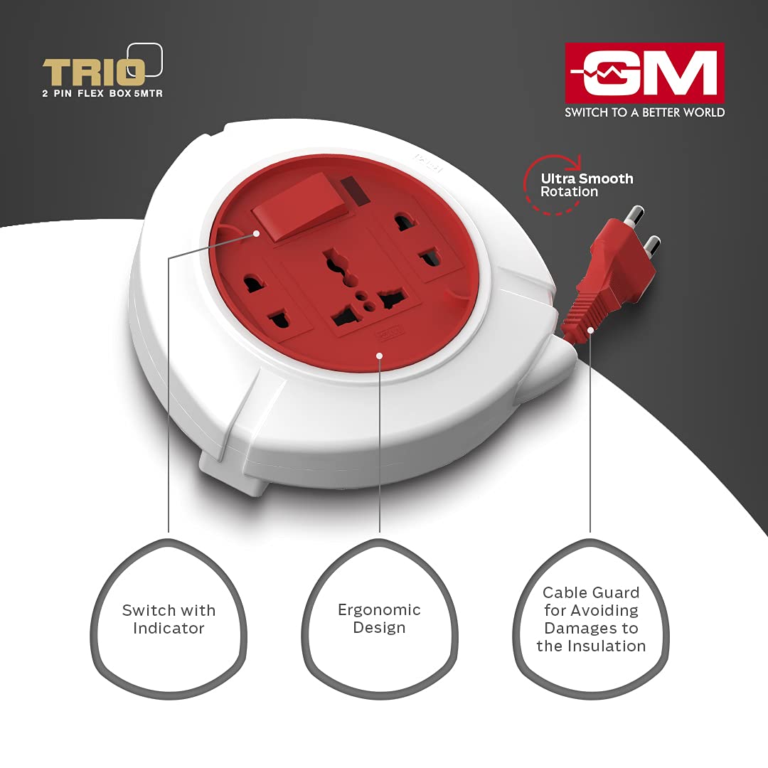 GM 3041 Trio 2 Pin Flex Box 5 Mtr. with Indicator & International Socket