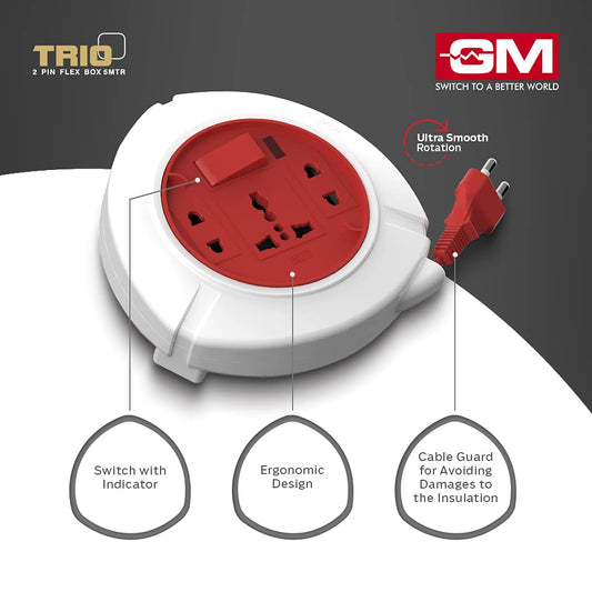 GM 3041 Trio 2 Pin Flex Box 5 Mtr. with Indicator & International Socket